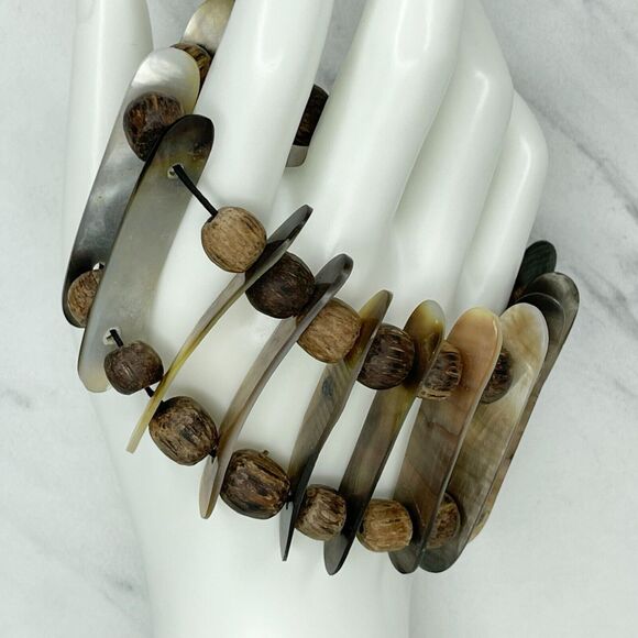 Wide Abalone Shell Ladder Beaded Stretch Bracelet - Picture 3 of 9